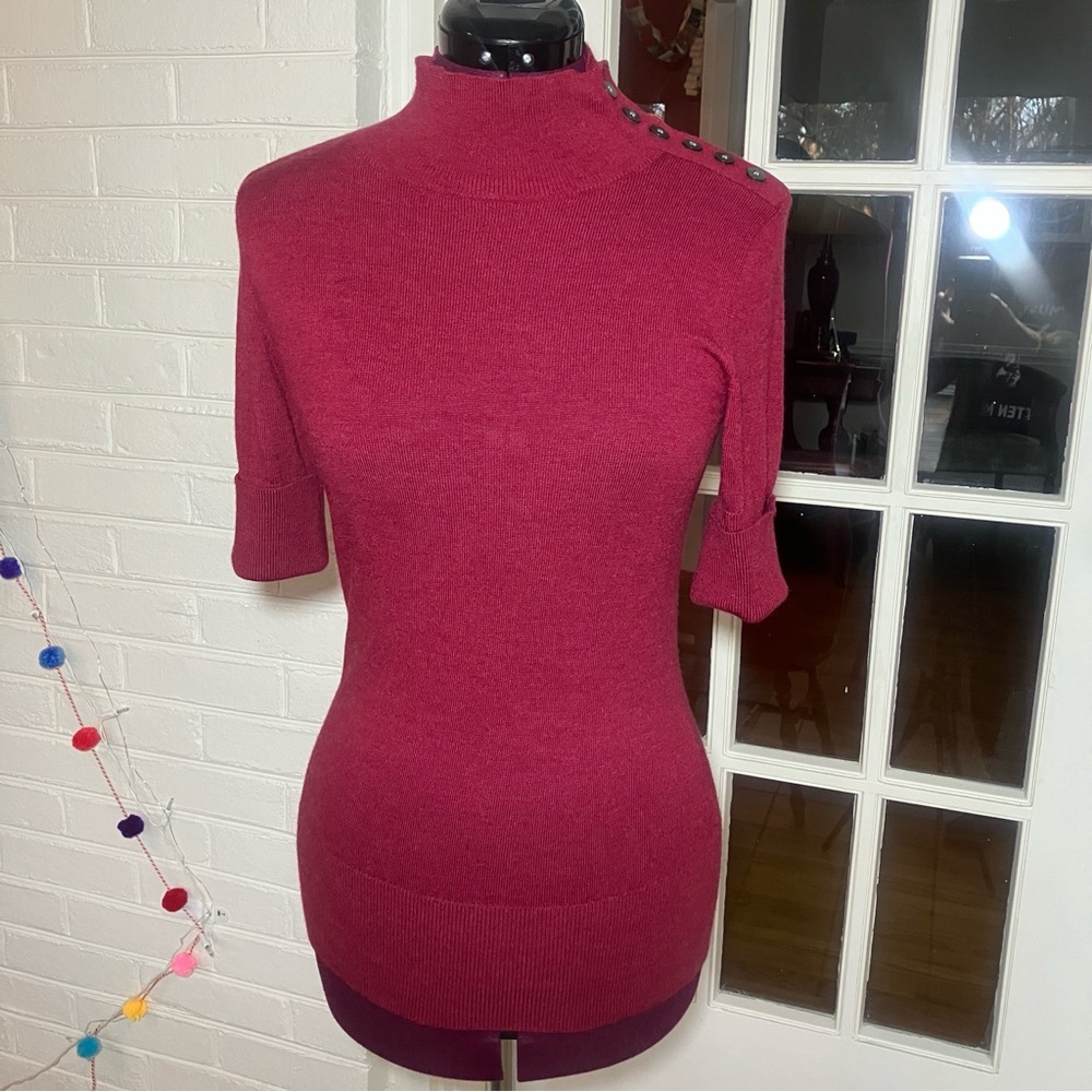 Banana Republic Chic Red Mock Neck Sweater with Button Italian Wool Medium